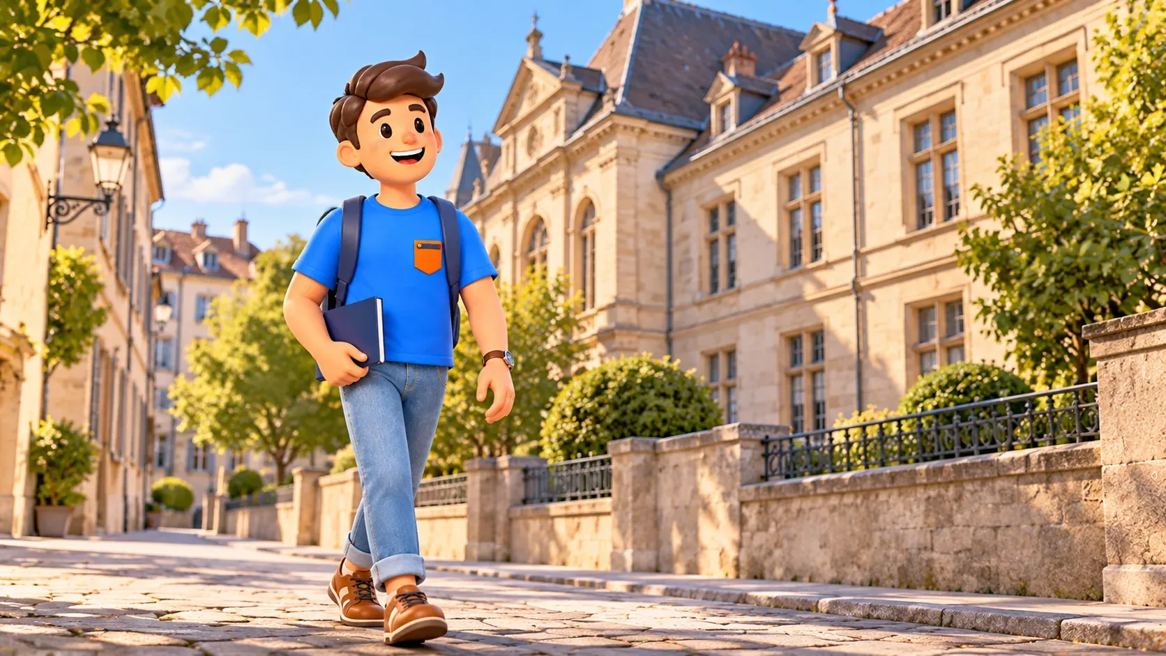 A traveller walking beside a historic educational building with a notebook