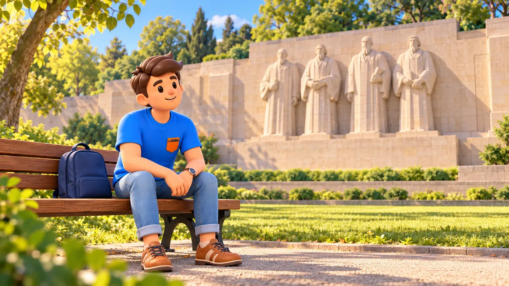 The character resting on a bench before a memorial wall with four figures