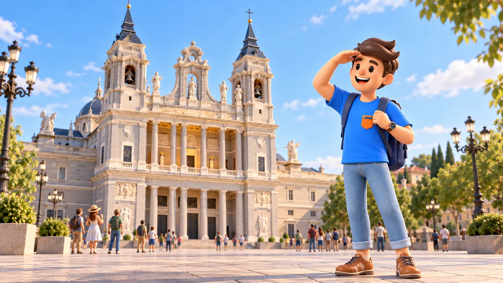 Ilustración de un viajero ante la fachada principal de la Almudena