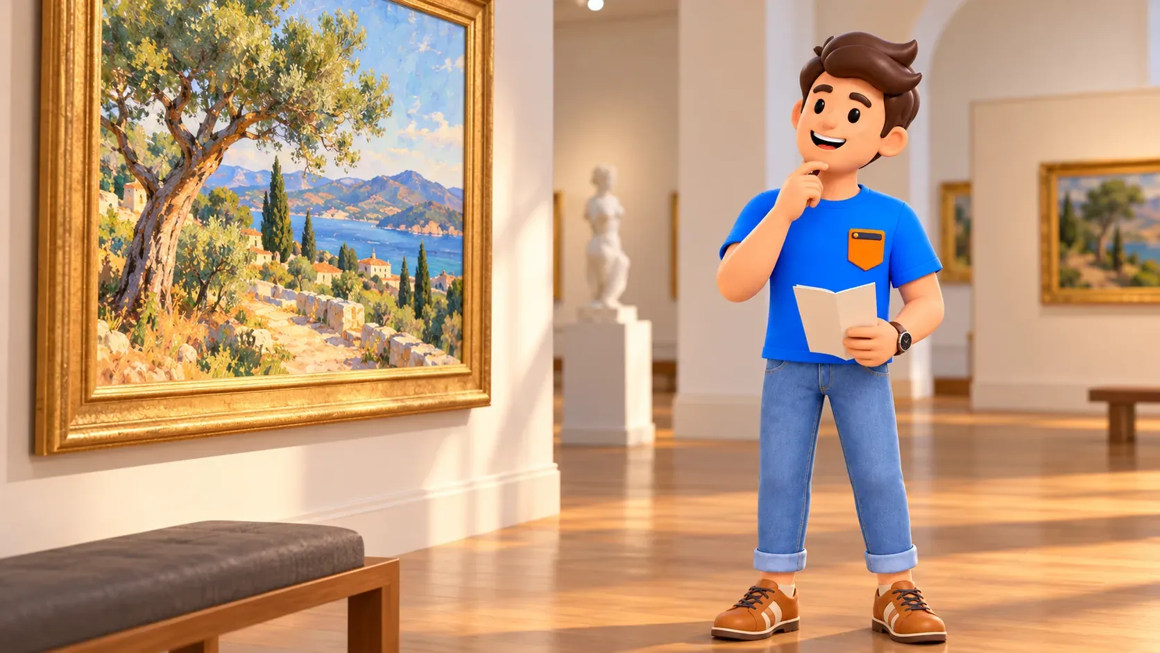 Viajero ilustrado observa un paisaje imaginado en una galería ficticia, no una sala real del museo