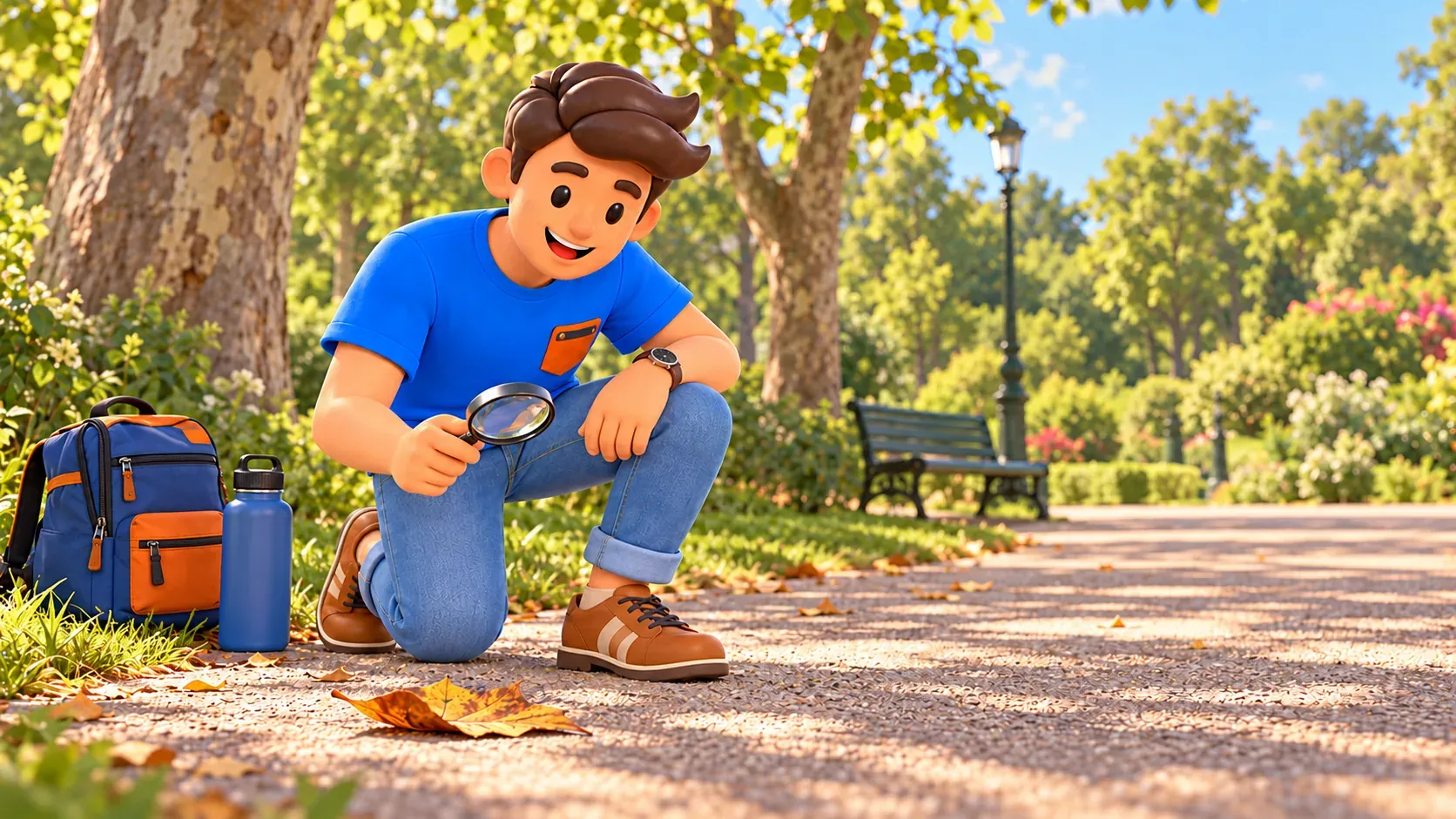 Viajero ilustrado examina una hoja caída con una lupa en una escena de parque ficticia