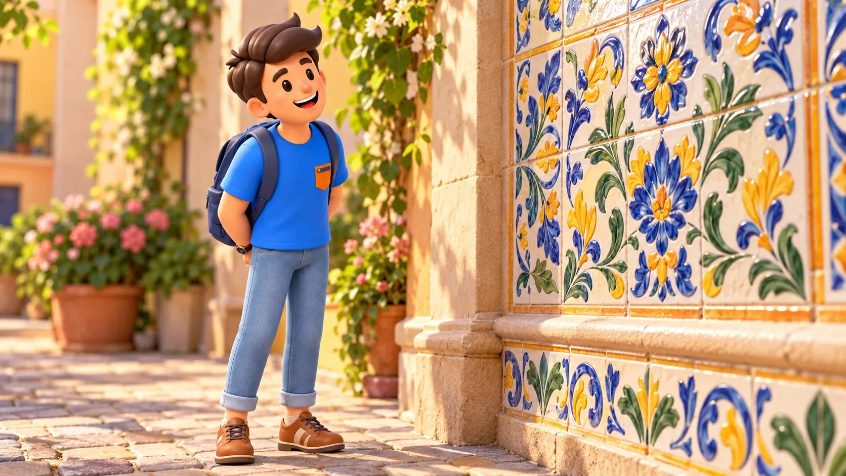 Un viajero observa un muro ilustrativo con baldosas cerámicas florales, ilustración 3D