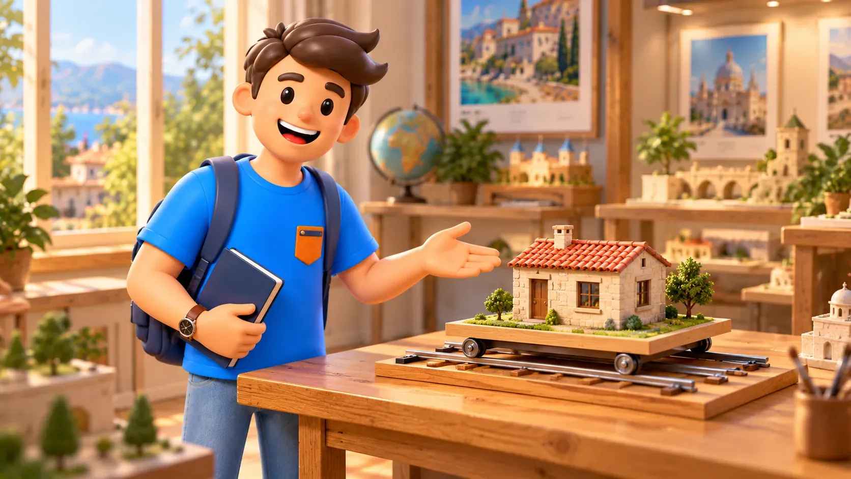 Un viajero muestra una maqueta ilustrativa de casa sobre plataforma rodante y raíles, ilustración 3D