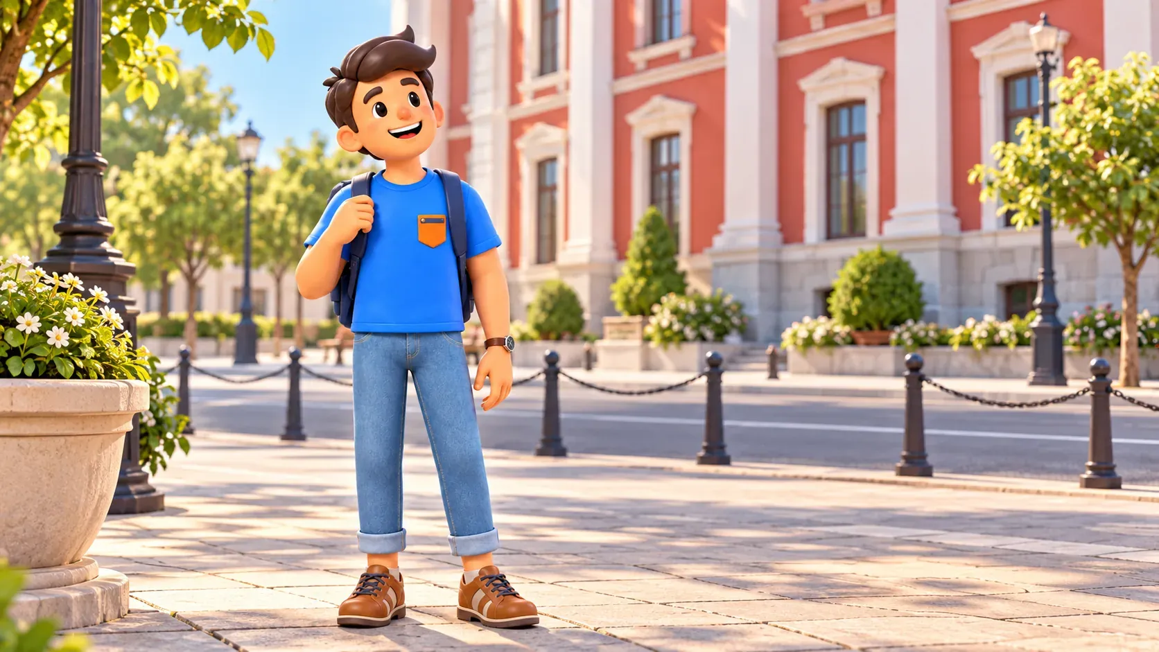 Un viajero observa una fachada administrativa roja y blanca ilustrativa desde una acera, ilustración 3D