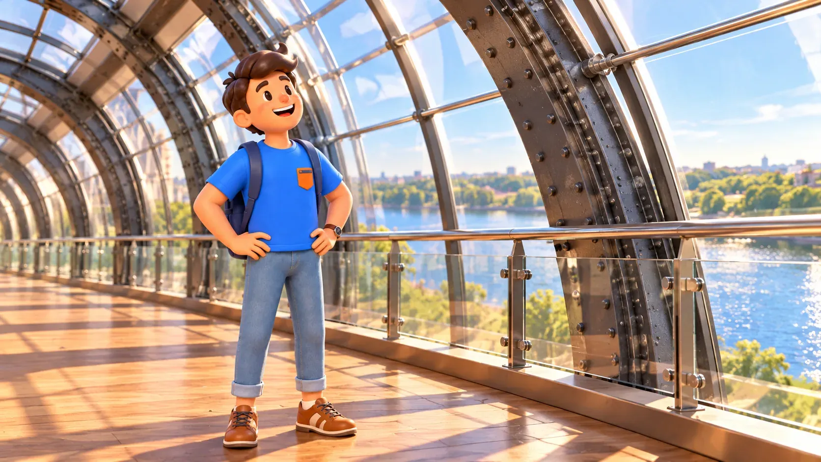 Ein Reisender betrachtet einen illustrativen alten Stahlbogen unter neuer Glashülle, 3D-Illustration