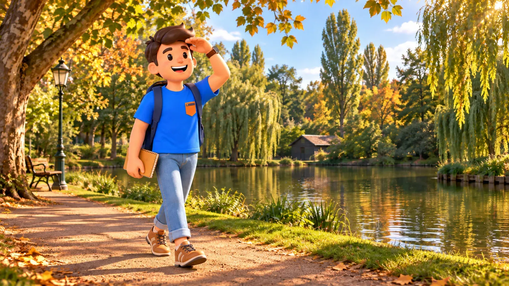 Illustration eines Reisenden mit Skizzenbuch an einem Teich im Westerpark
