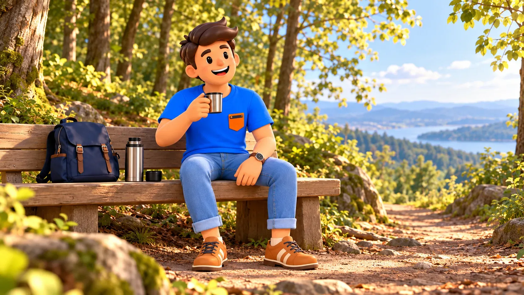 Ilustración de un viajero descansando con una bebida caliente en un banco del bosque