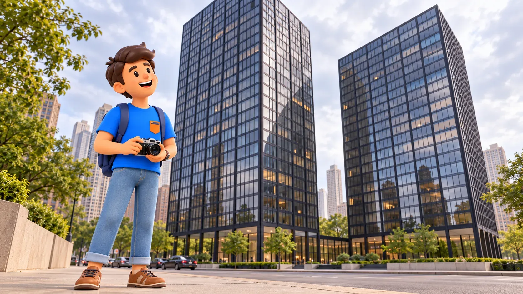 Voyageur avec un appareil photo devant les tours résidentielles vitrées du 860–880 Lake Shore Drive.