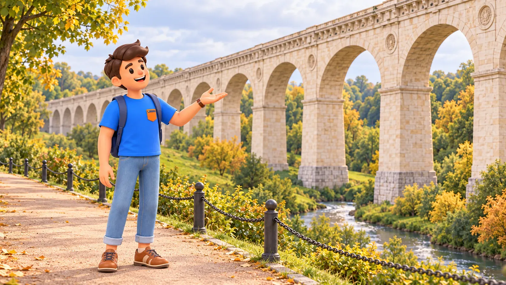 Un voyageur observe un aqueduc de pierre illustratif au-dessus d’un vallon dans un parc en automne, illustration 3D