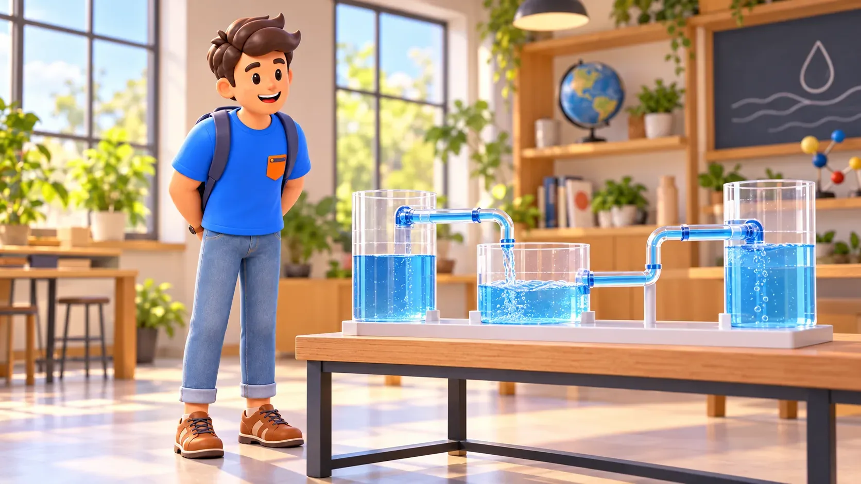 Un voyageur observe une maquette conceptuelle de circulation de l’eau dans un atelier pédagogique, illustration 3D