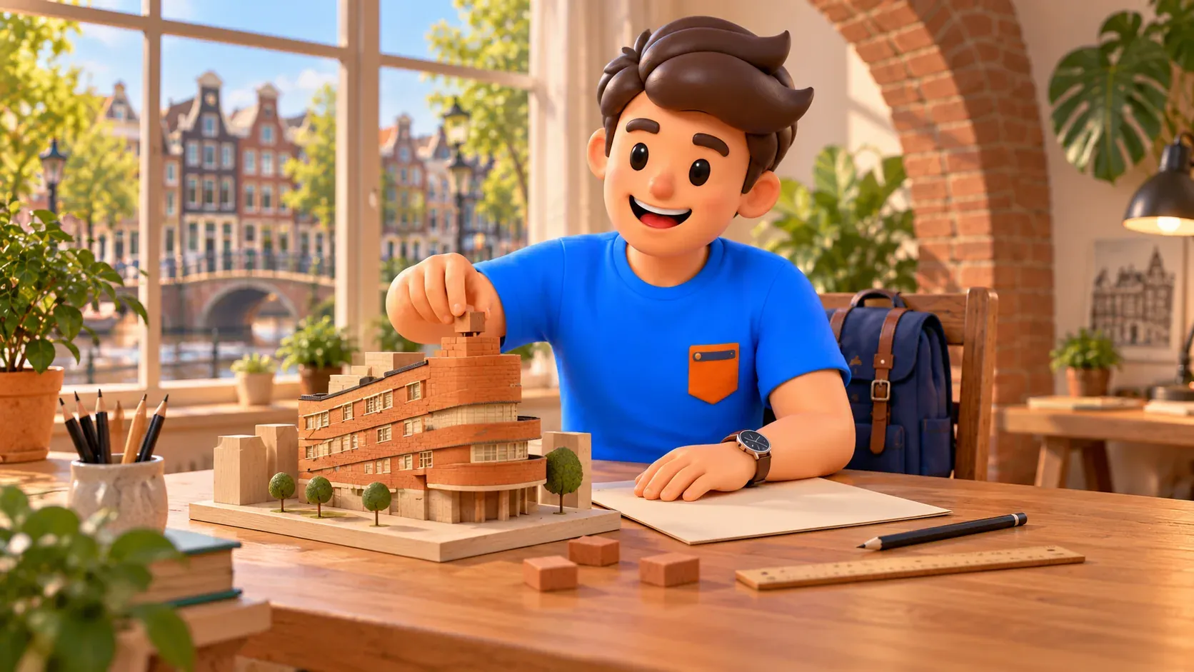 Thematische Illustration eines Reisenden mit Backsteinmodell in einer erfundenen Werkstatt