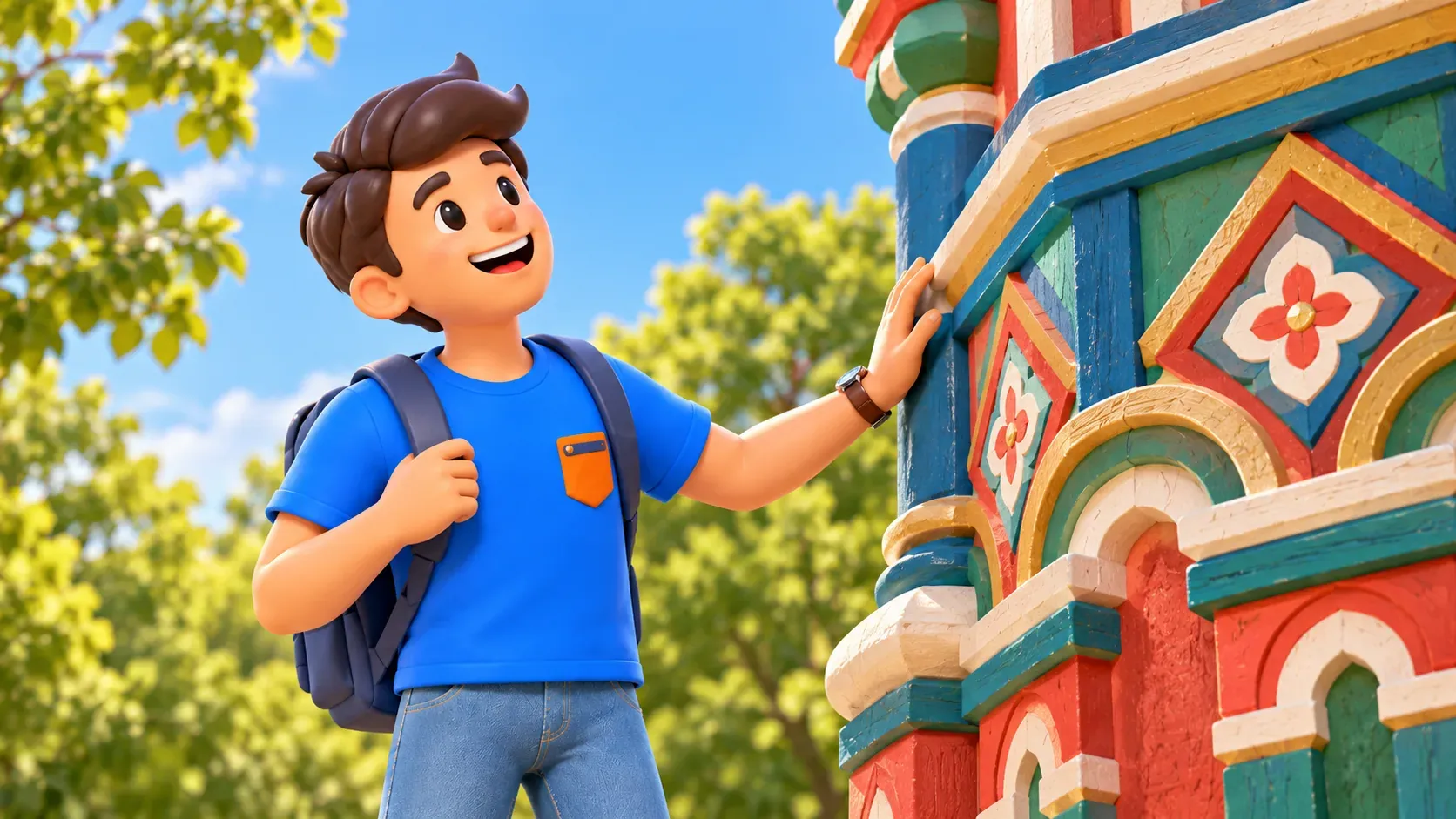 A traveler examines an illustrative colourful decorative facade in historical style, 3D illustration