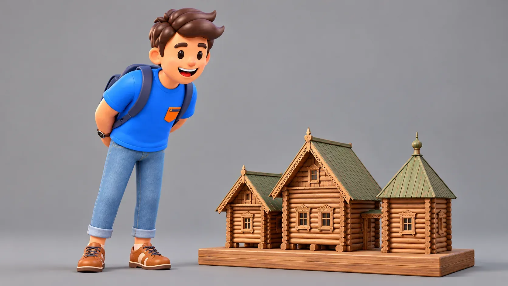 A traveler studies an illustrative model of Russian timber terem buildings with green roofs, 3D illustration