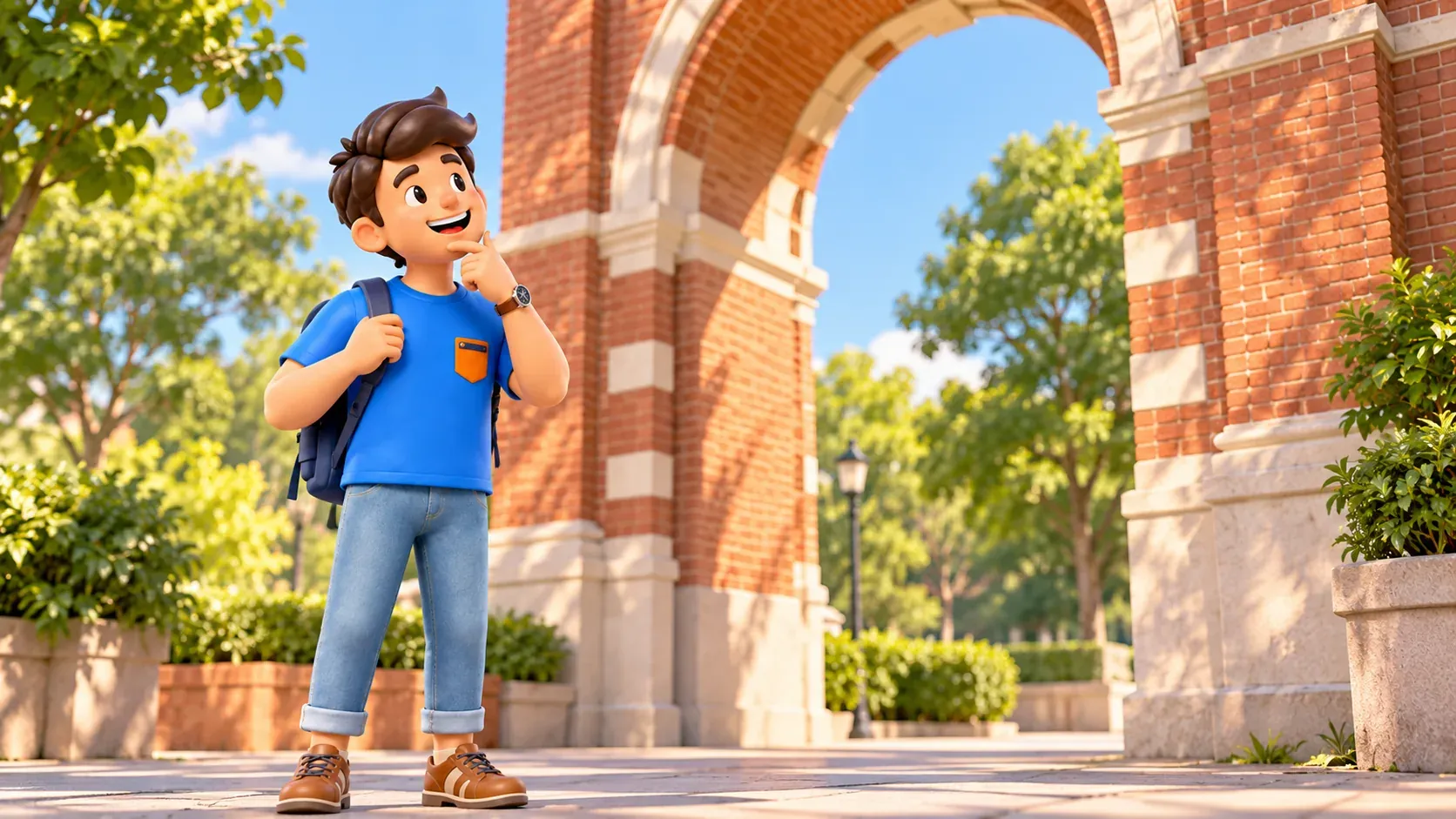 A traveler near an illustrative red-brick gateway arch with white trim, 3D illustration
