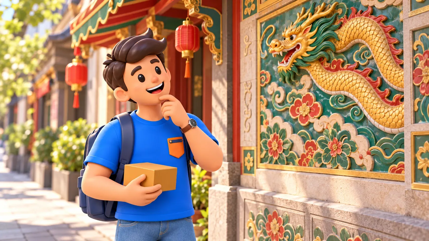 A traveler with a box observes original illustrative dragon decoration on a tea-house facade, 3D illustration