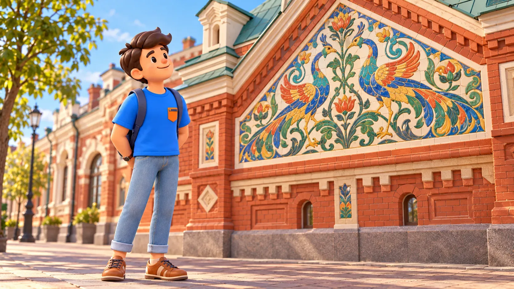 A traveler looks at an original illustrative ceramic bird panel on a brick building, 3D illustration