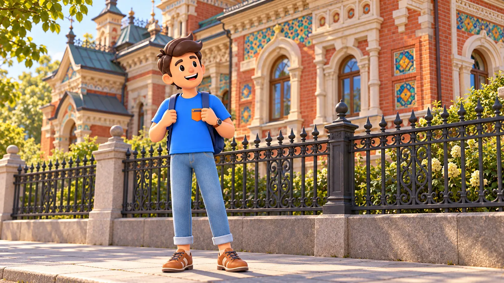A traveler outside a railing observes an illustrative combination of brick, pale stone and coloured tiles, 3D illustration