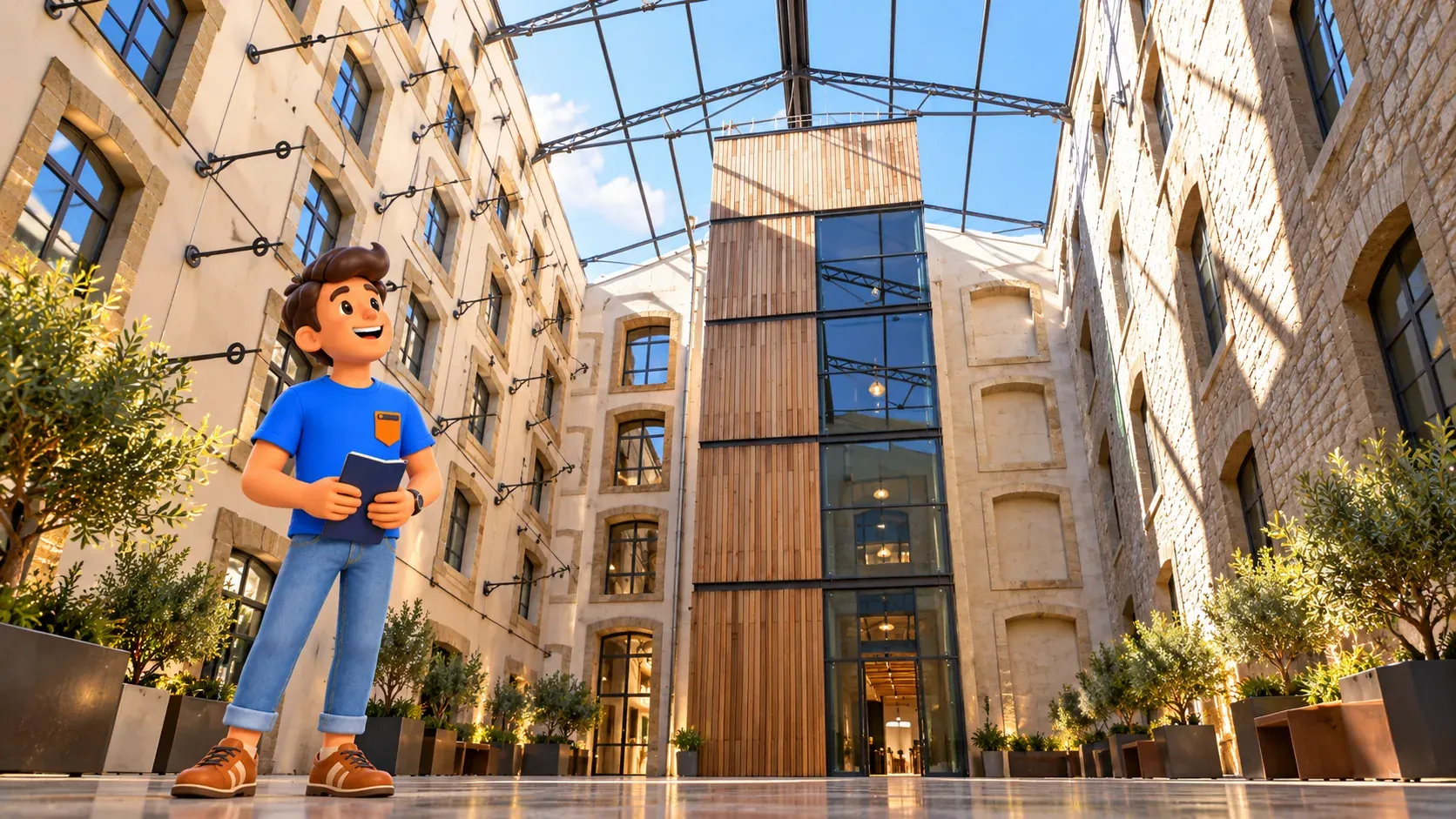 Illustrierter Reisender betrachtet Glasdach und Steinwände eines nach Foto gestalteten Docks-Atriums