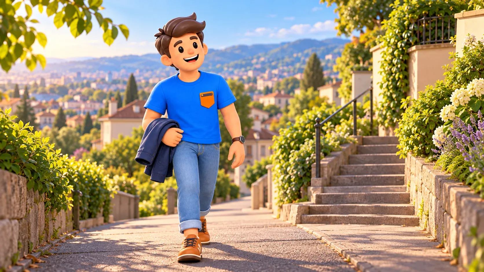 Illustration d’un voyageur portant une veste dans une rue en pente imaginaire