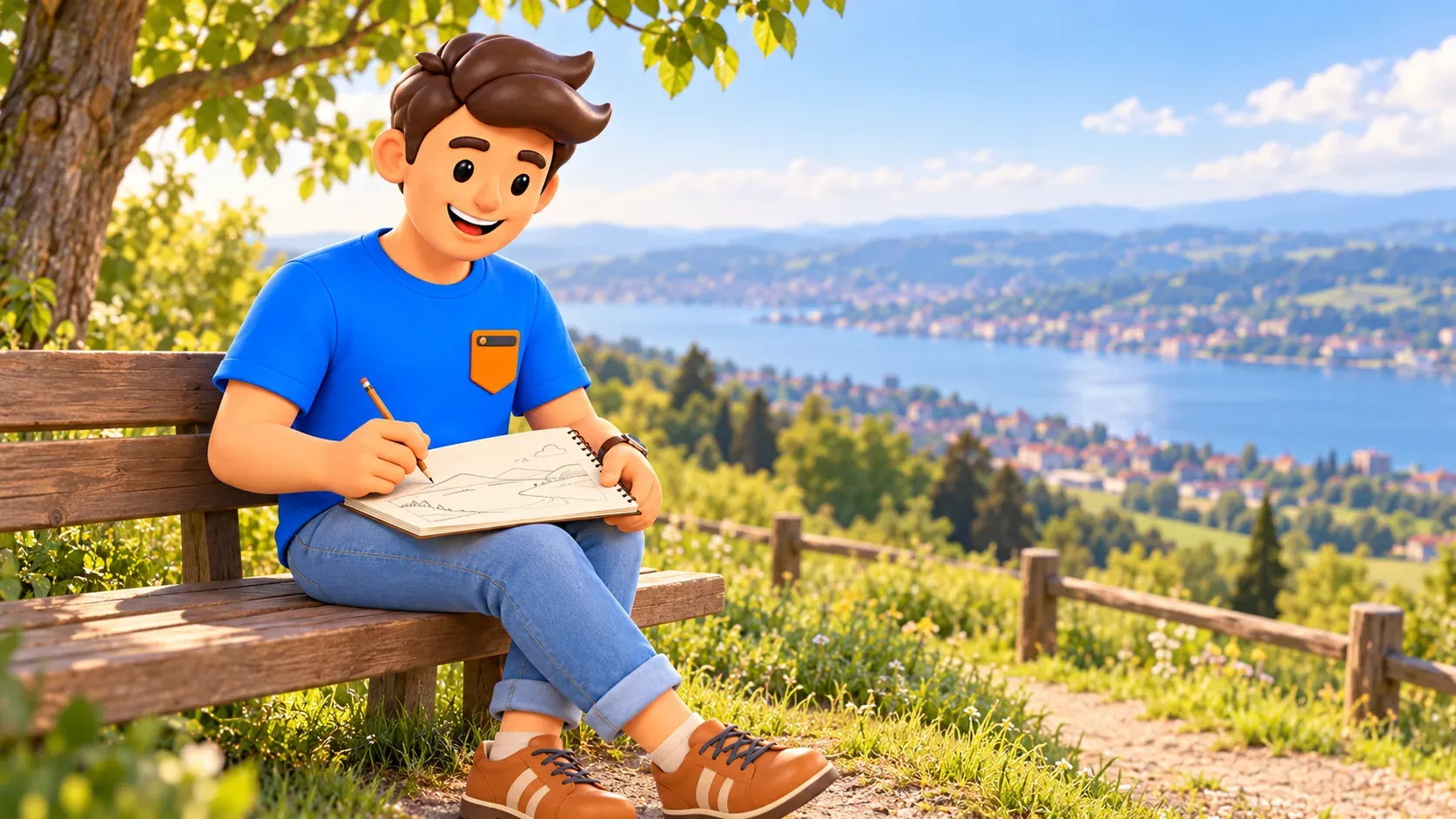 Illustration d’un voyageur dessinant un paysage sur un banc