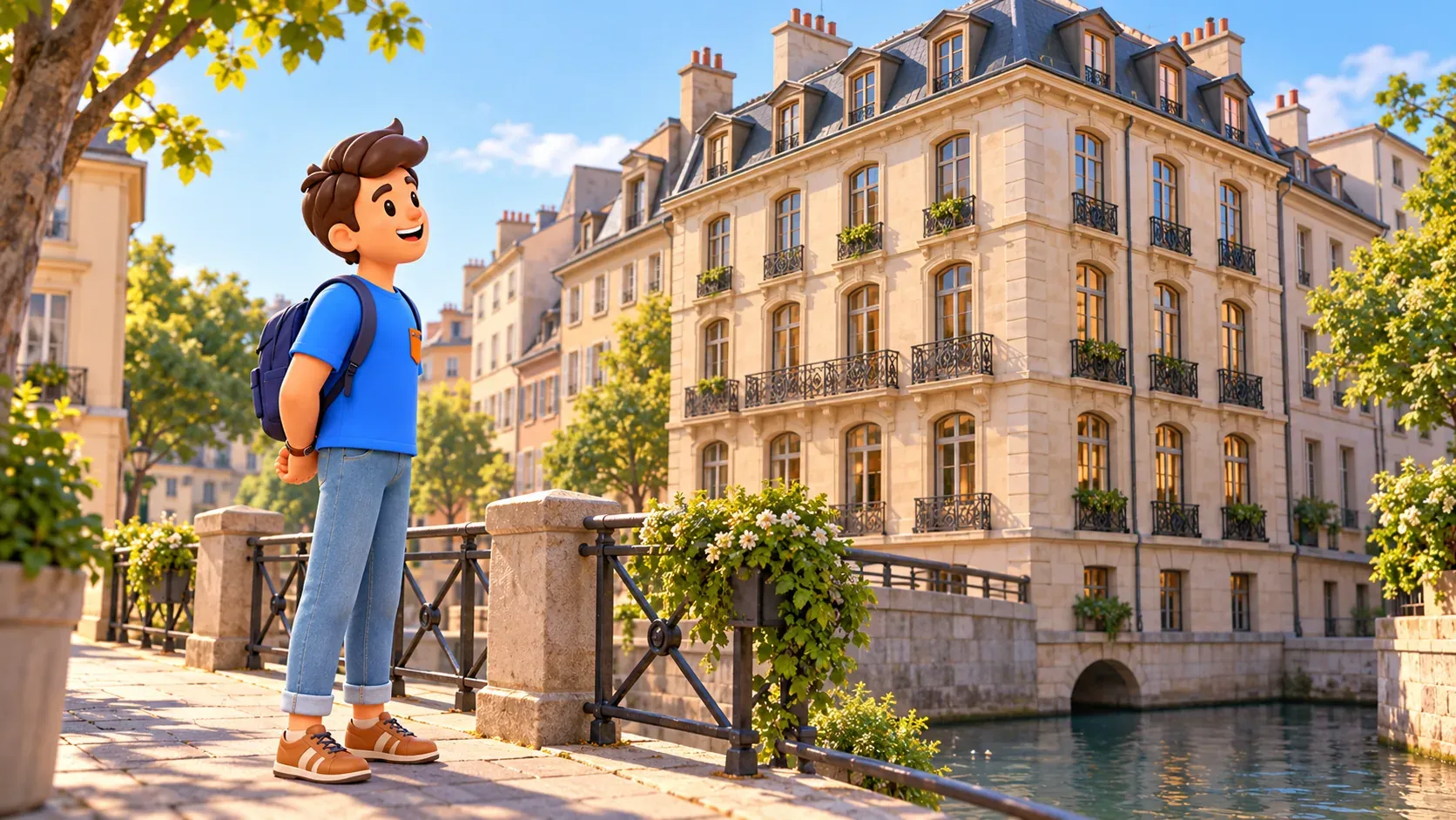 El personaje observa una fachada histórica junto al río urbano