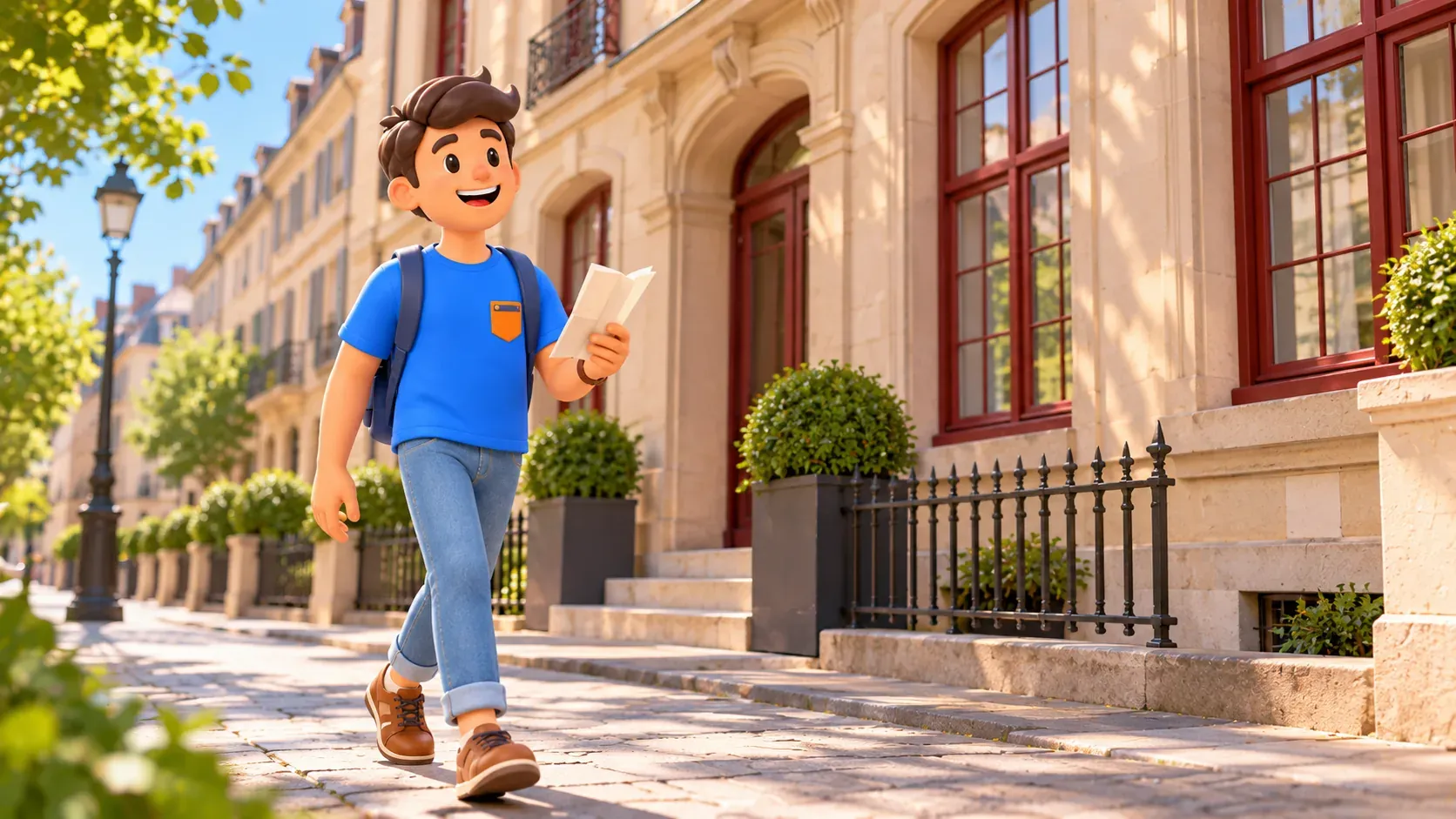 Un viajero con una guía de papel camina junto a un museo
