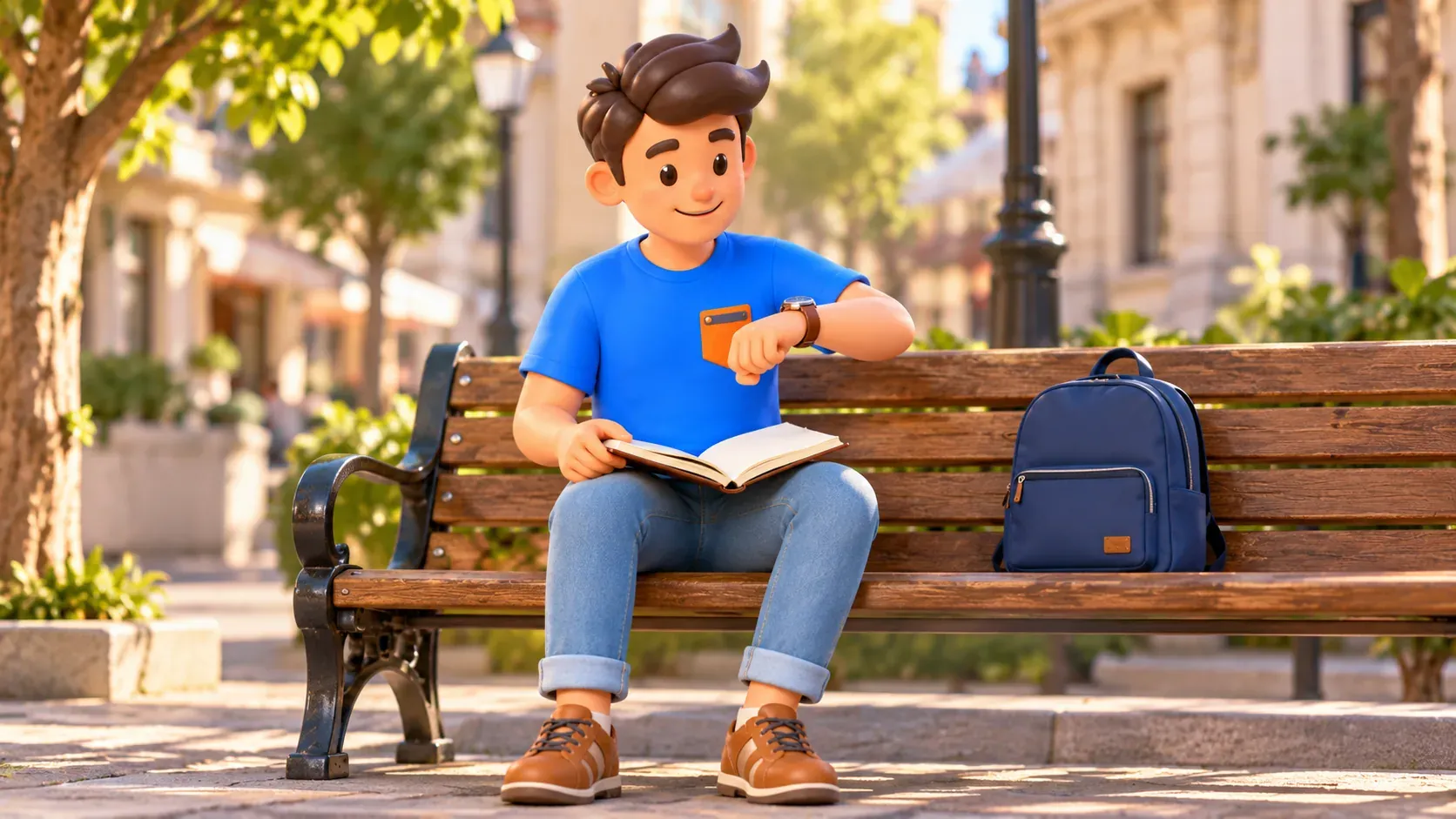 El personaje mira su reloj de pulsera con un cuaderno sobre las rodillas