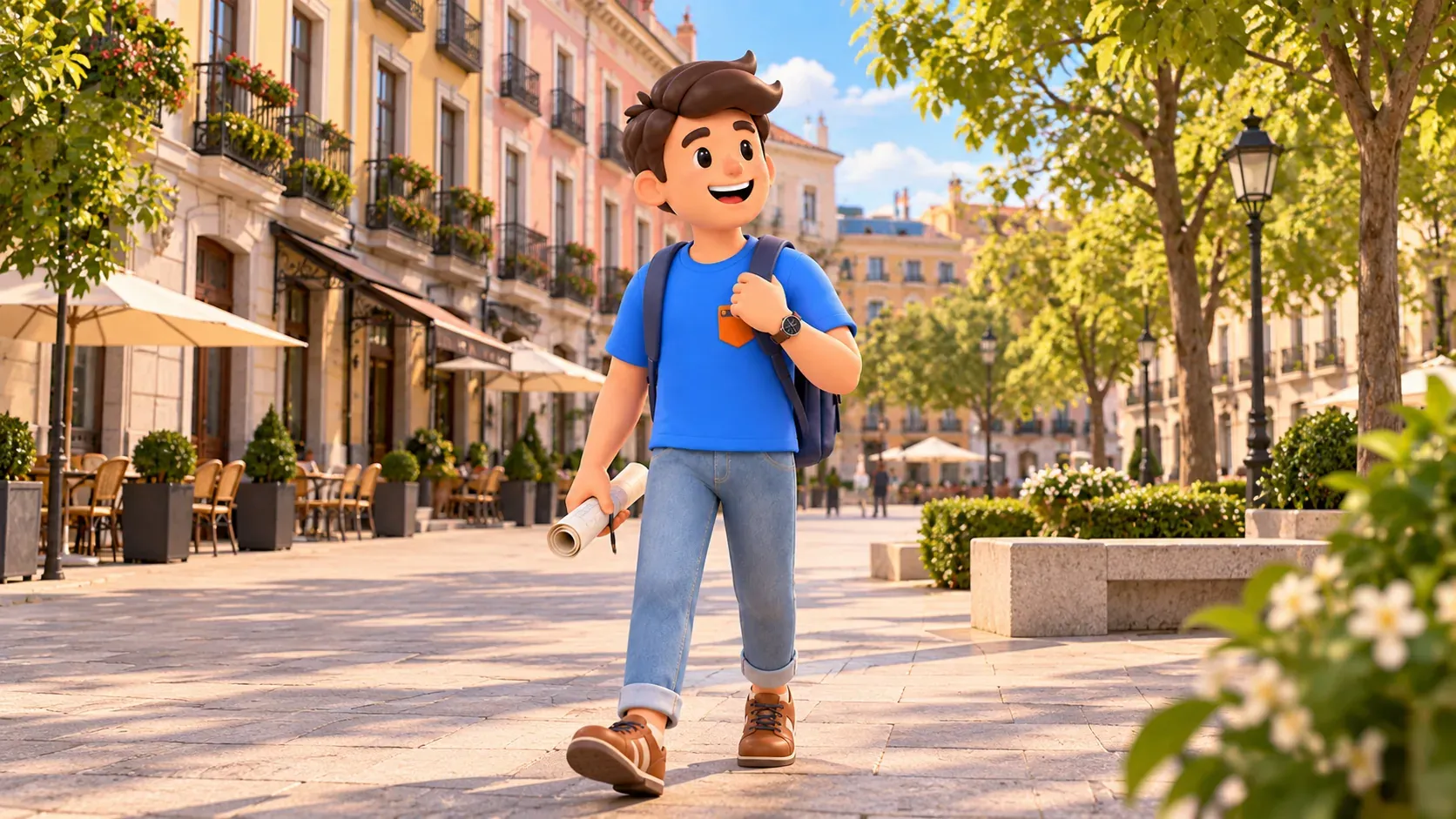 Illustration of a traveller carrying rolled paper near Plaza de Oriente