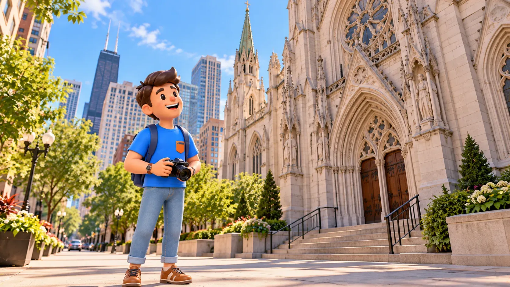 Traveller with a camera outside a stylized Gothic cathedral in Chicago.
