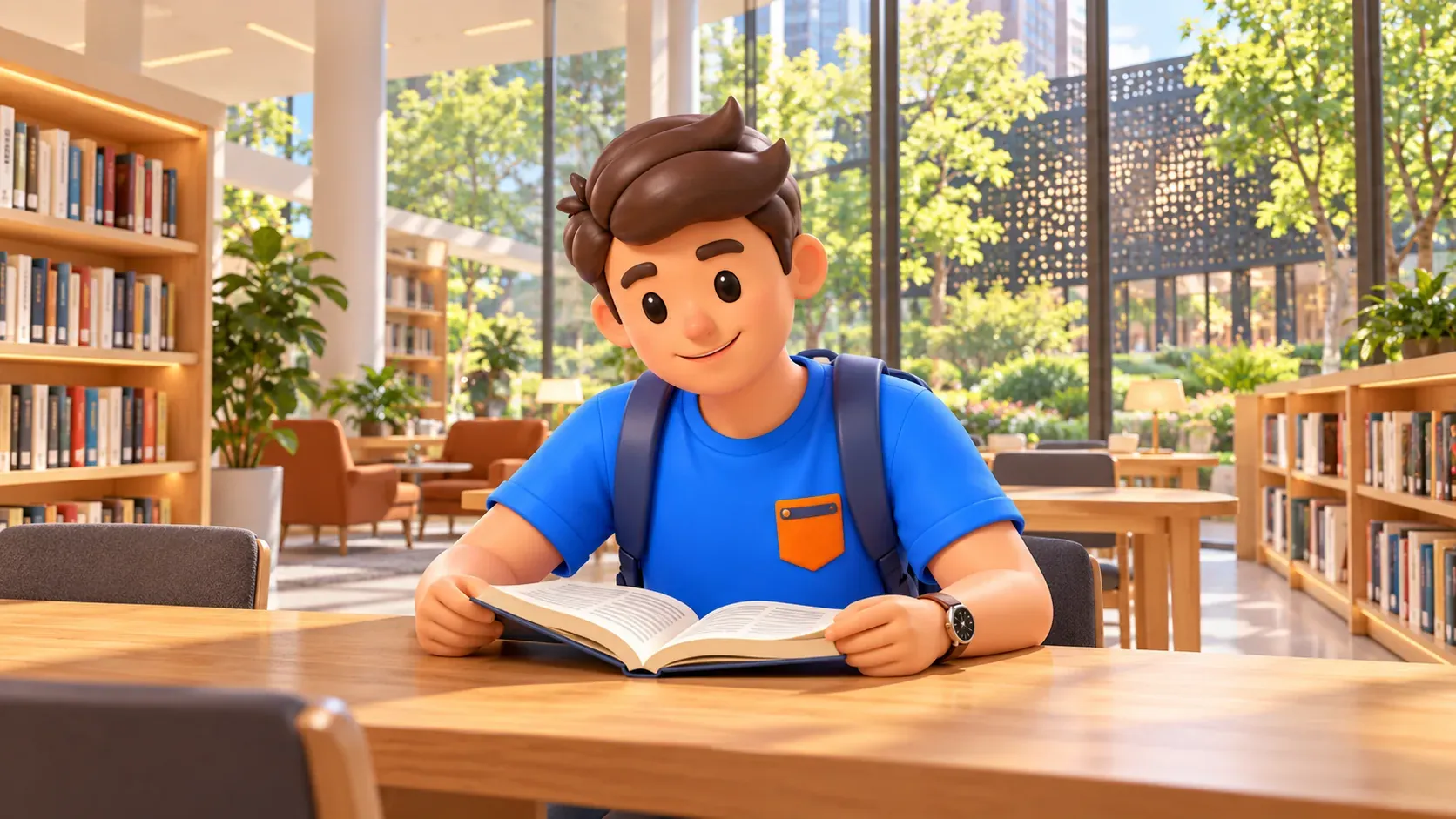 Traveller reading a book in a contemporary library overlooking a courtyard.