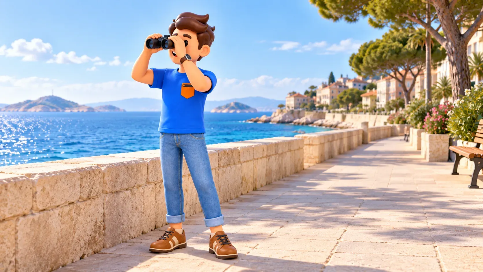 Viajero ilustrado mira el mar con prismáticos en un paseo urbano mediterráneo ficticio
