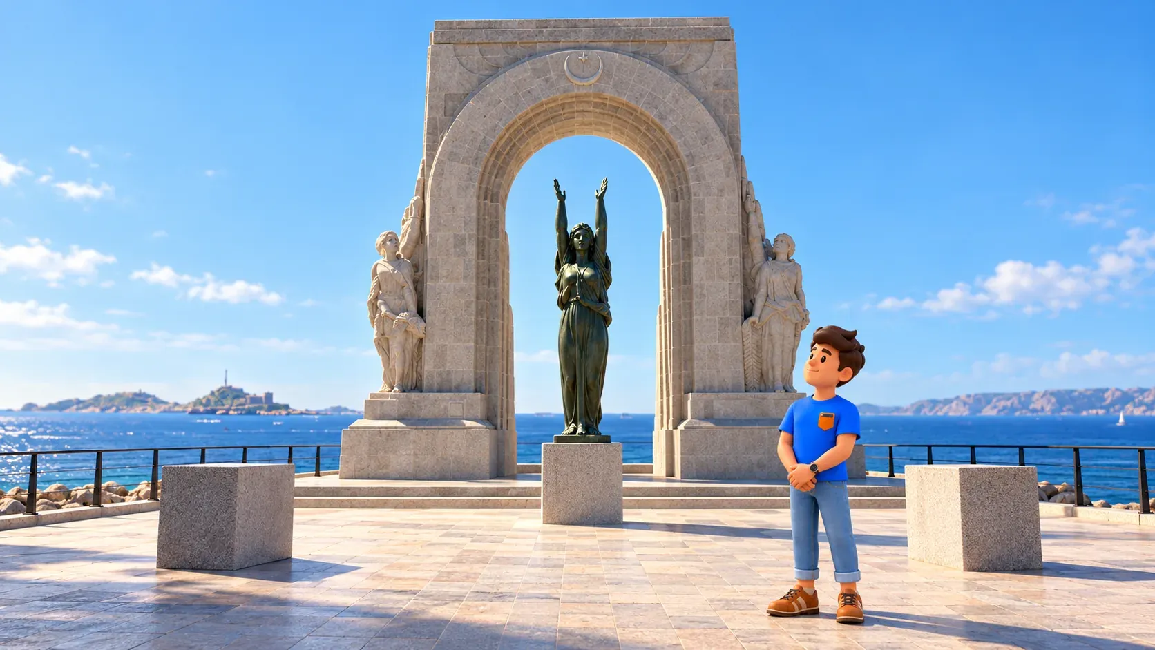 Viajero ilustrado contempla con calma el monumento del Armée d’Orient recreado a partir de una foto de Marsella