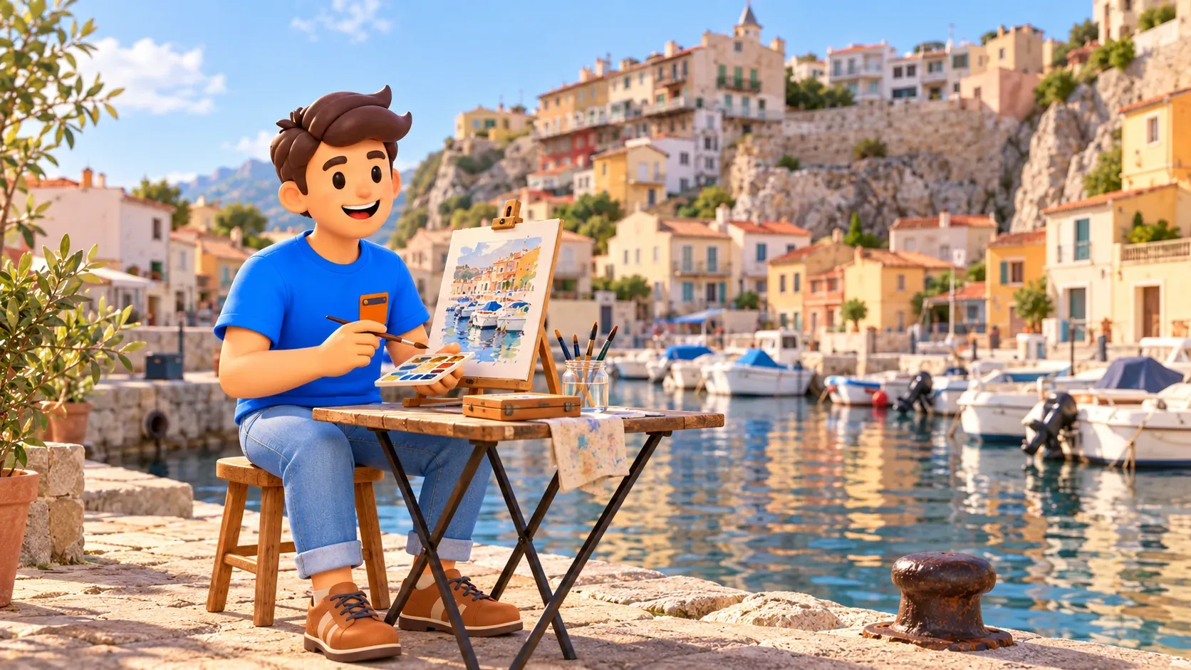 Viajero ilustrado pinta barcos a la acuarela en una escena ficticia junto al Vallon des Auffes recreado a partir de una foto