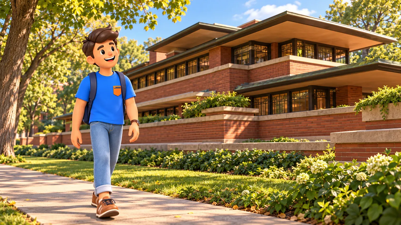 Reisender betrachtet vom Gehweg die horizontalen Linien eines stilisierten Robie House.