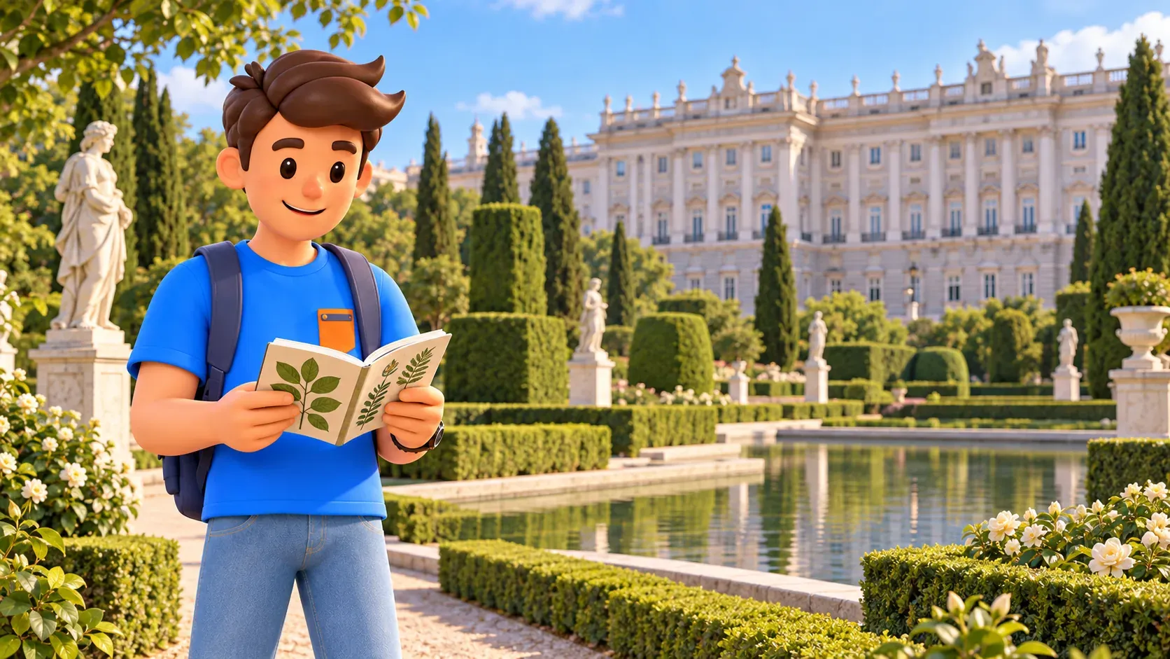 Illustration of a traveller with a botanical booklet in Sabatini Gardens
