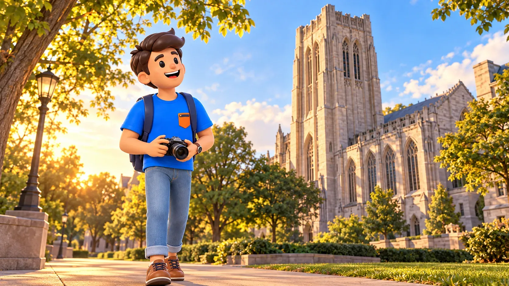 Reisender mit Kamera vor einer stilisierten steinernen Turmansicht der Rockefeller Chapel.