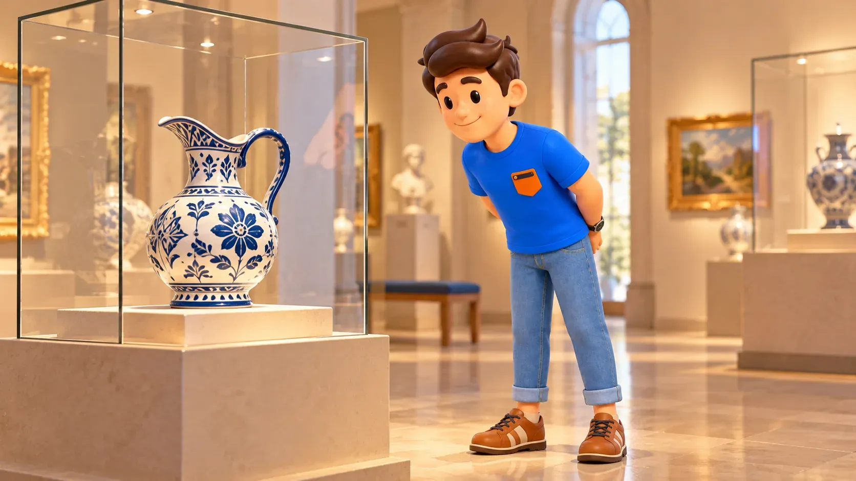 Viajero ilustrado observa una jarra imaginada en una galería ficticia, no una exposición real de Borély