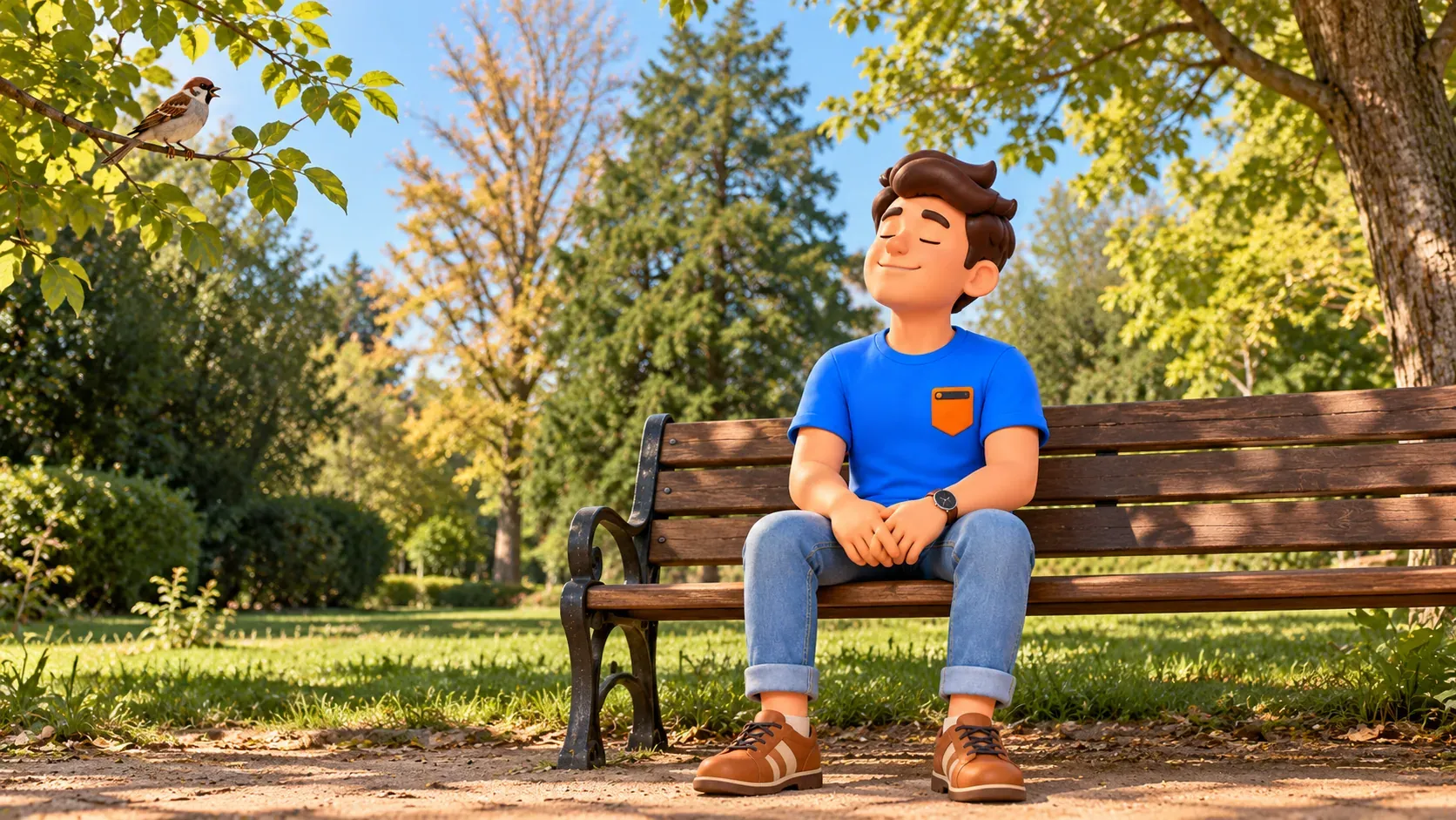 Viajero ilustrado descansa en un banco y escucha un pájaro en una escena de parque ficticia inspirada en una foto de Borély