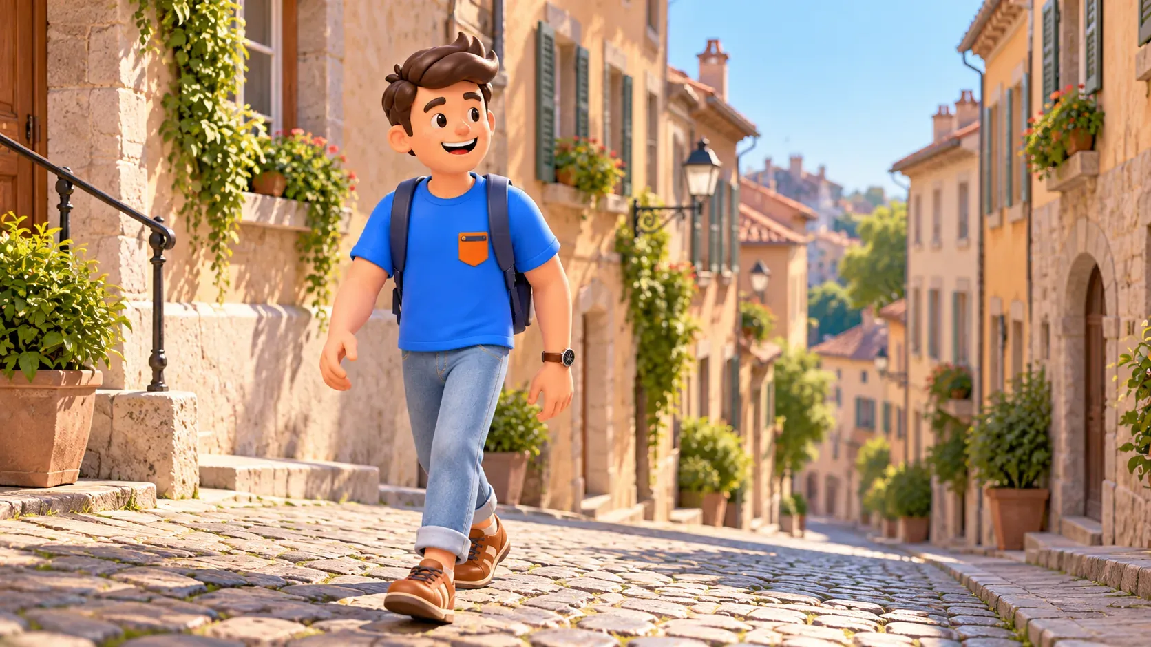 The character walking along a cobbled Old Town street