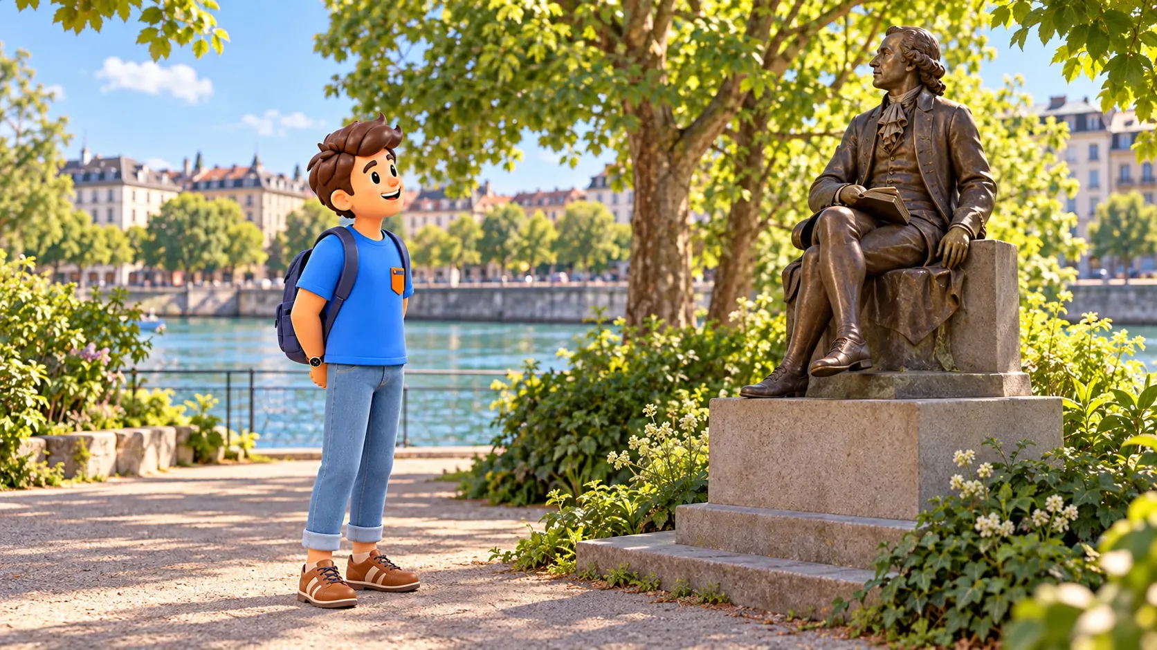 A traveller viewing a seated bronze figure on a river island