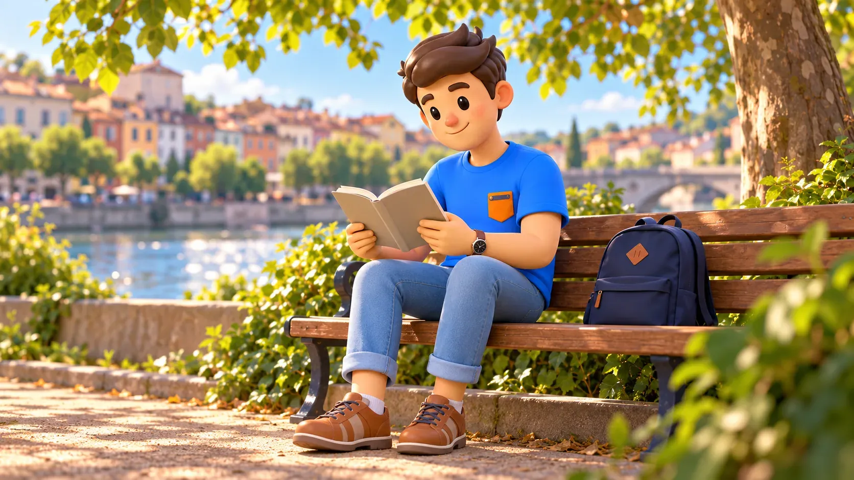 The character reading a small book on a bench by the water