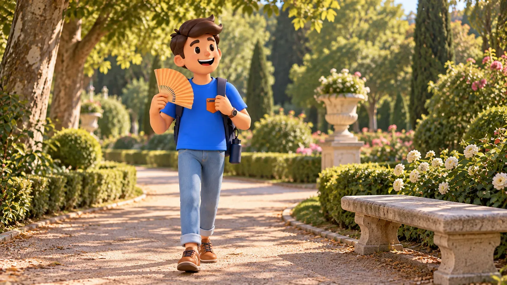 Illustration of a traveller with a fan on a shaded garden path