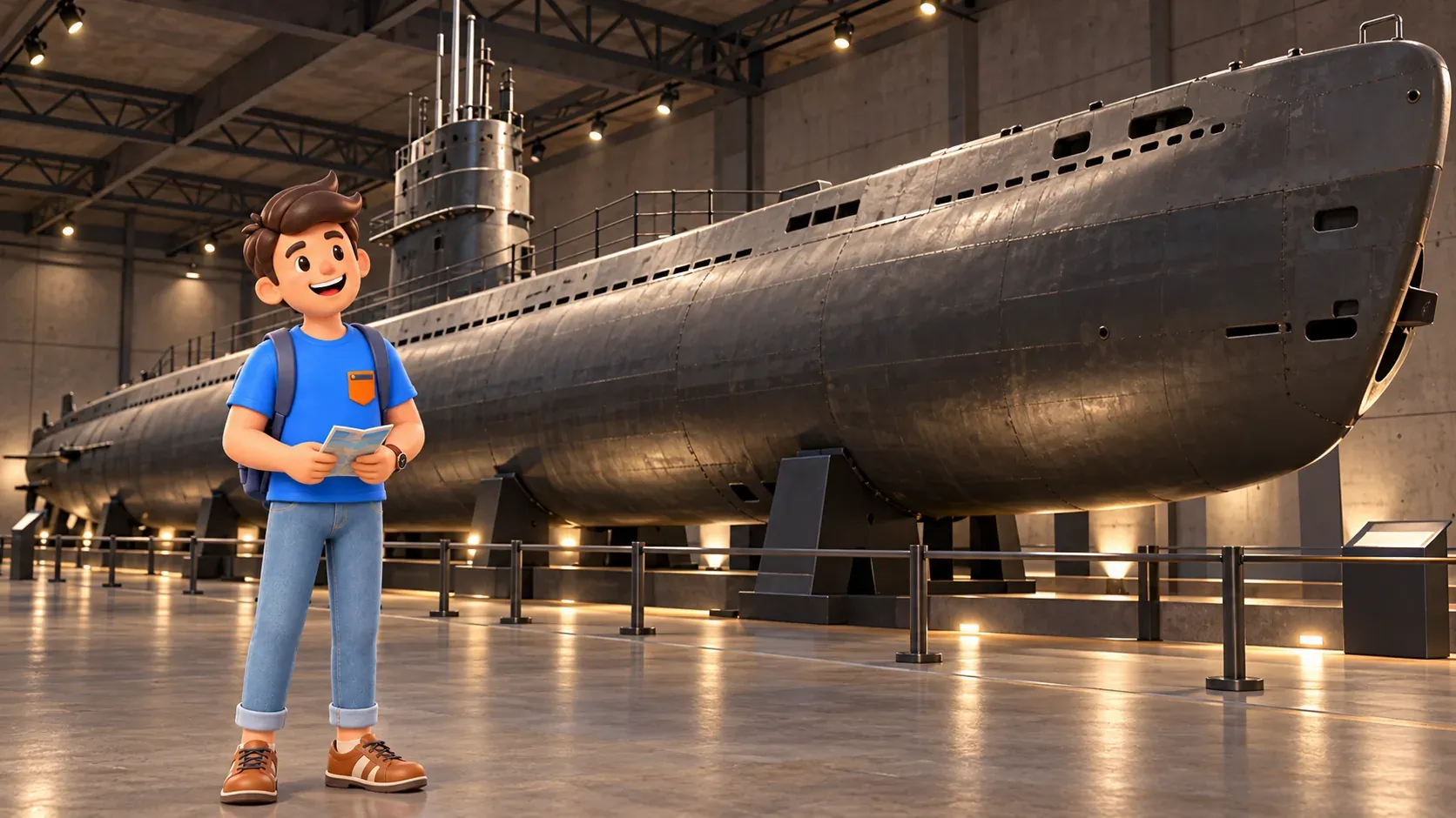 Reisender mit Faltblatt vor einem U-Boot-Rumpf in einer stilisierten unterirdischen Museumshalle.