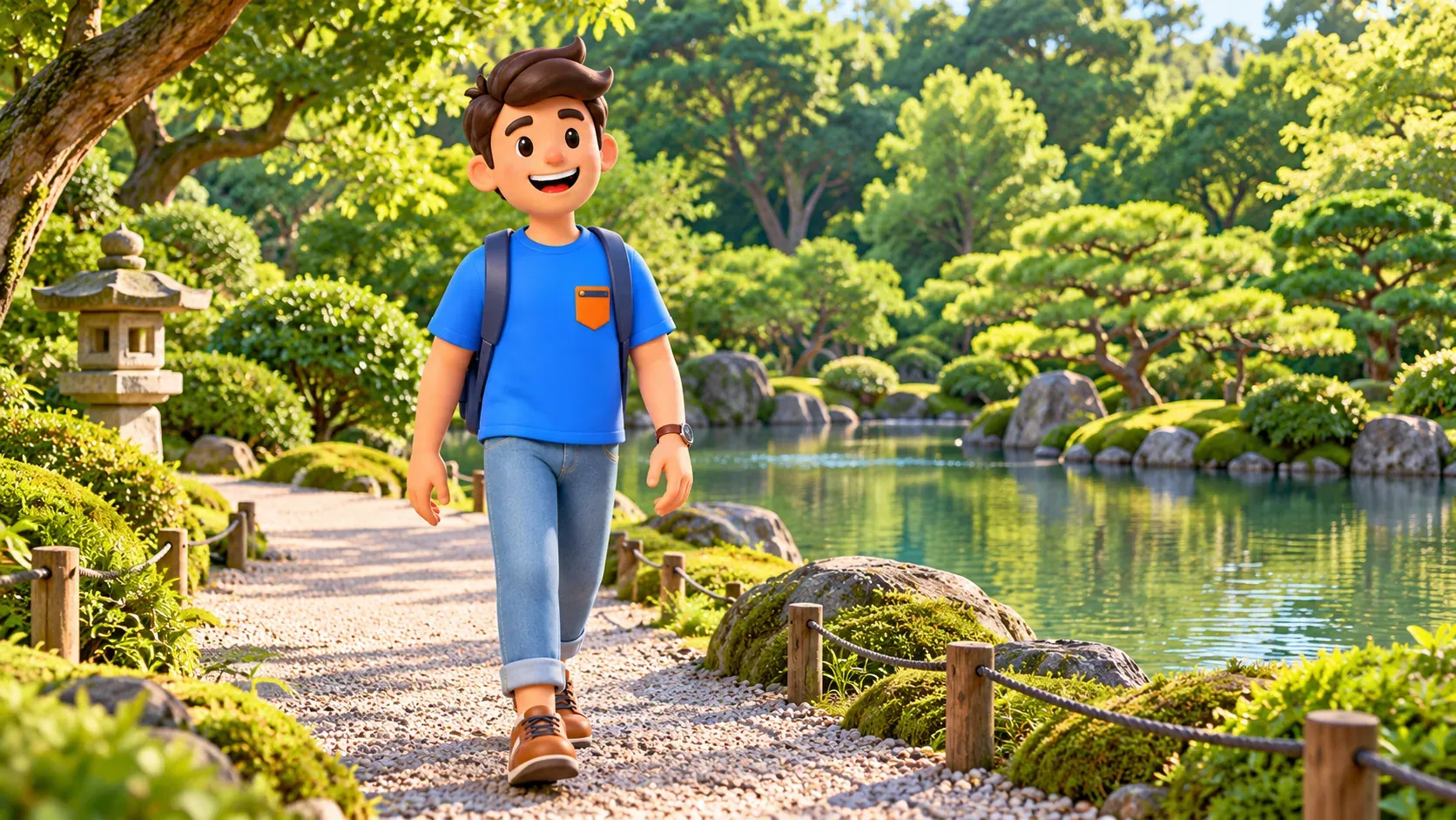 Reisender ohne Kamera auf einem Weg in einem stilisierten japanischen Garten am Teich.