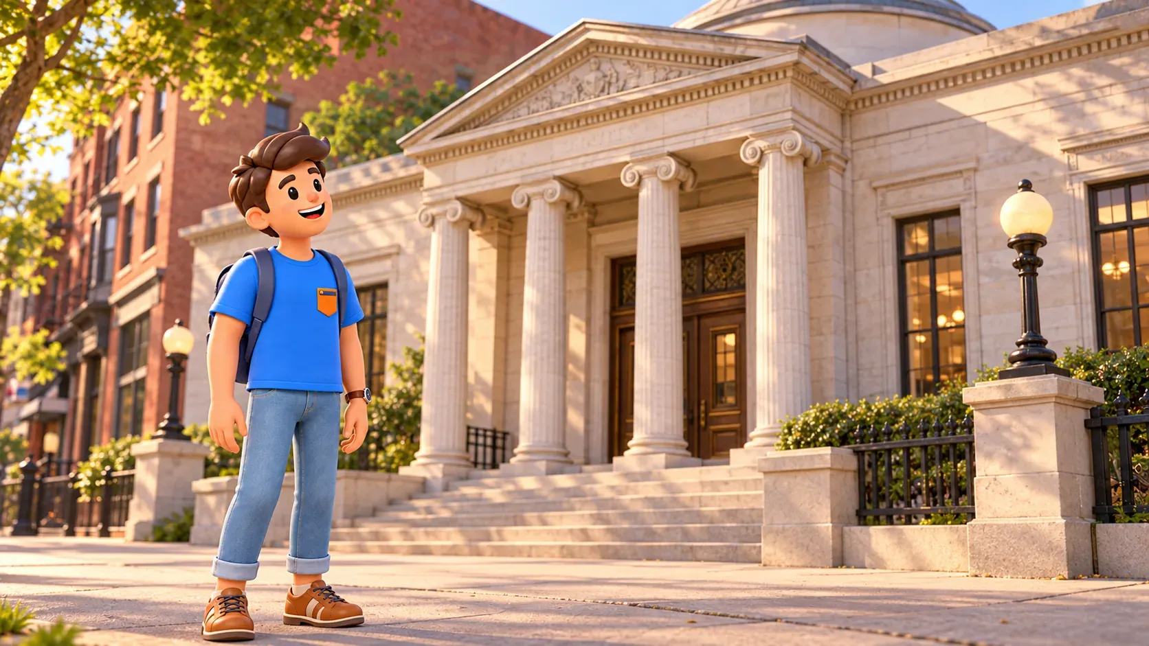 Traveller outside a stylized classical facade of Blackstone Library.