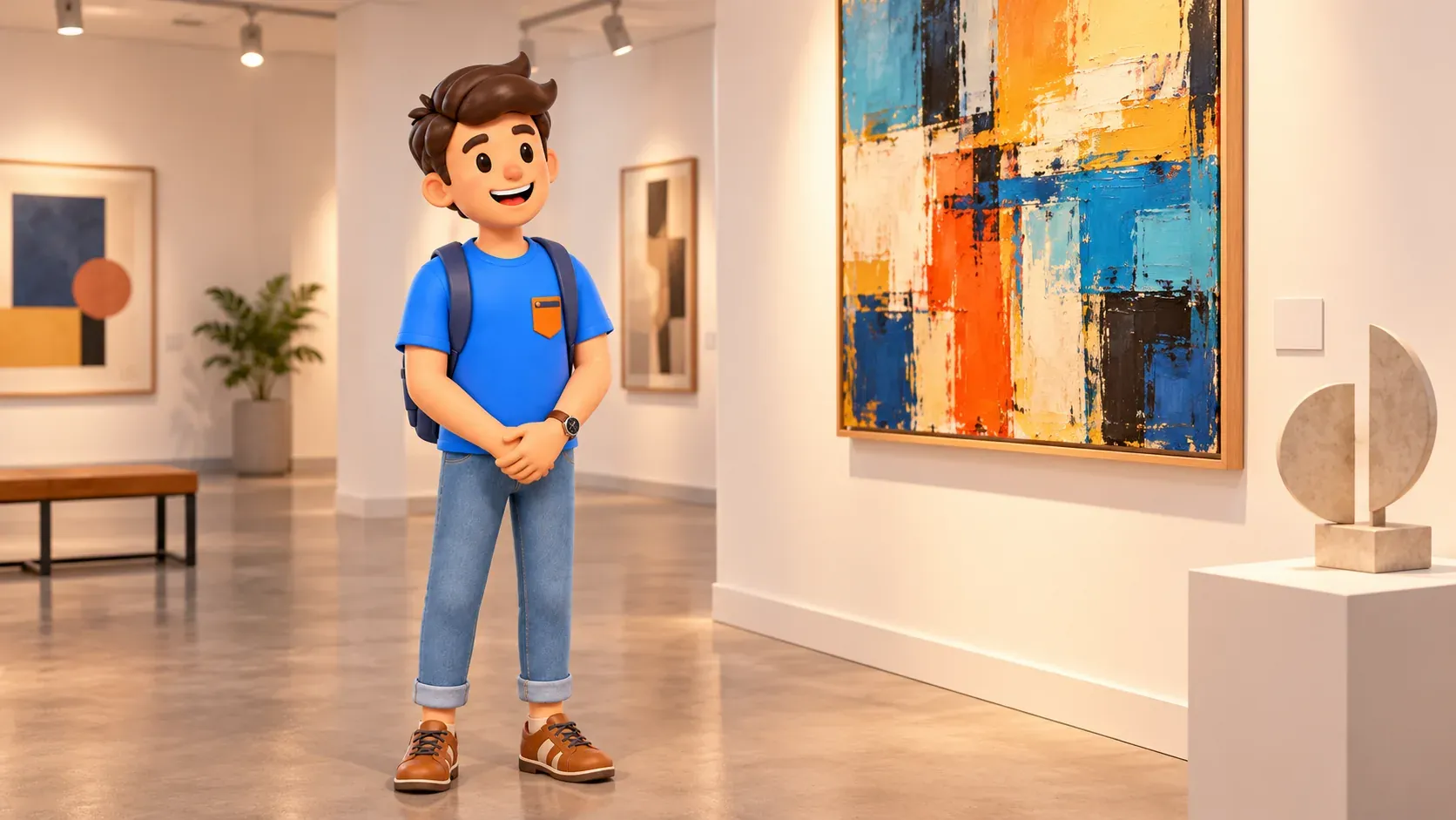 Traveller studying an abstract painting in a stylized contemporary gallery.