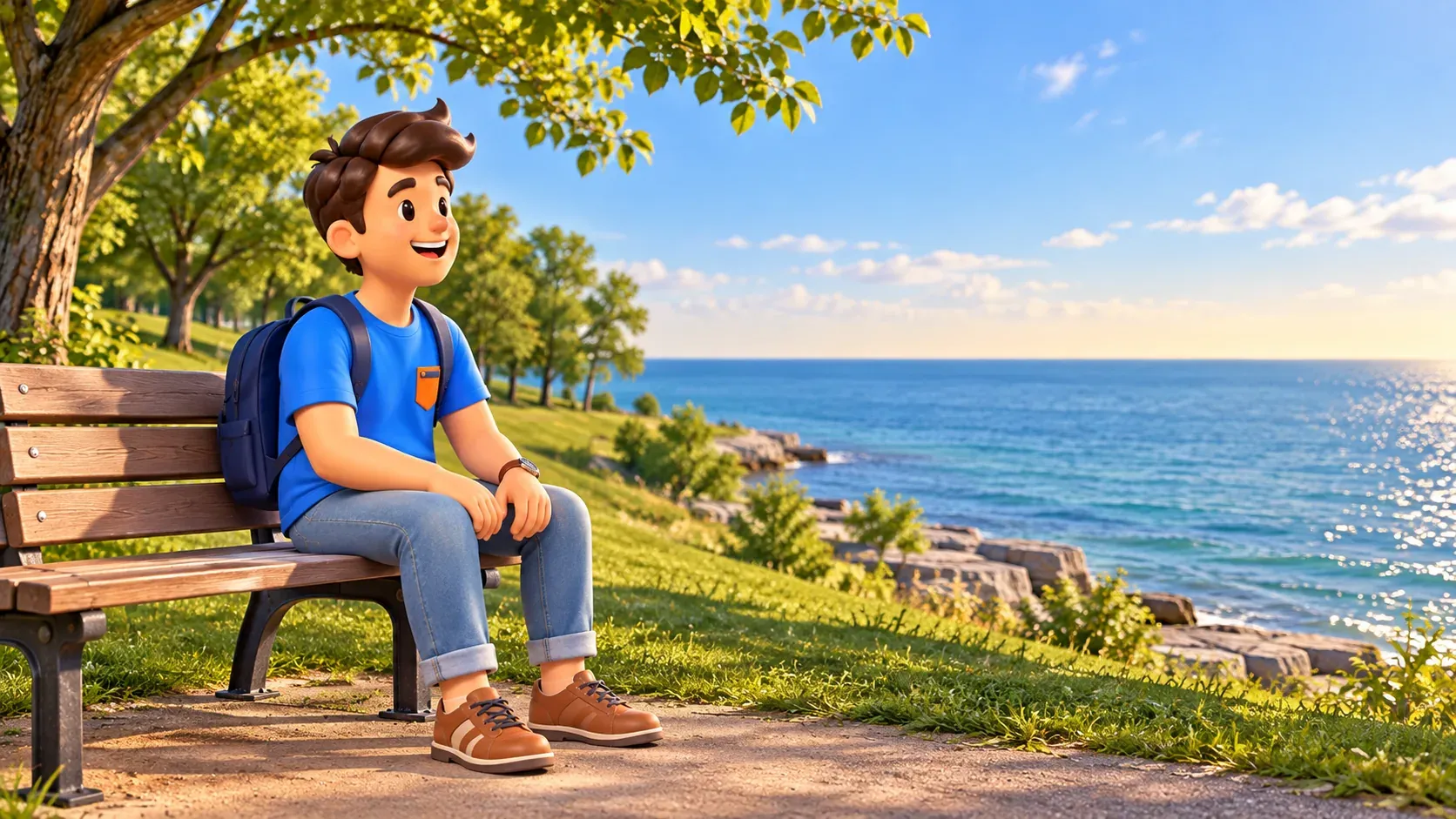 Traveller resting on a bench on an upper path beside Lake Michigan.