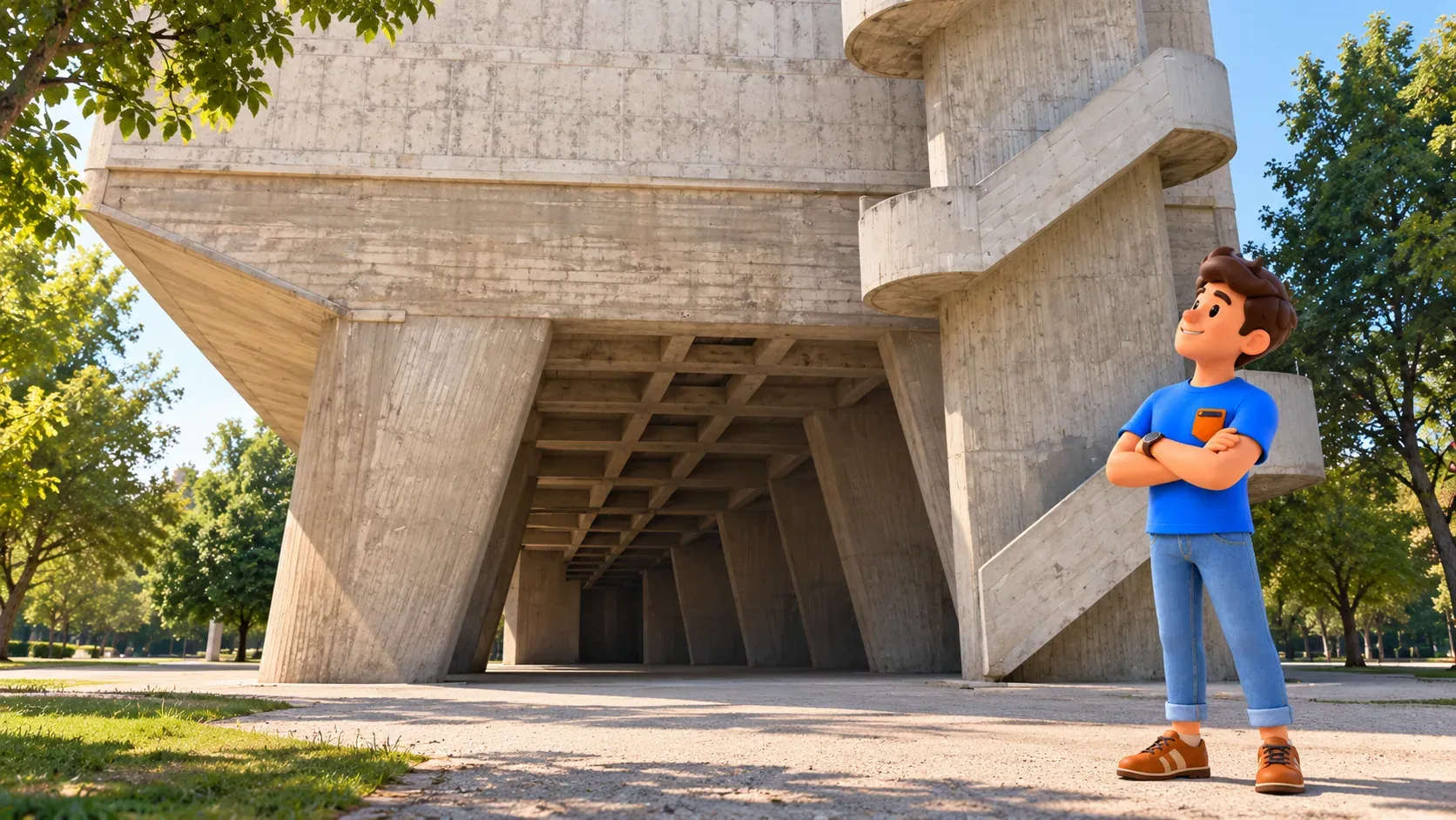 Illustrated traveller observing the housing unit’s concrete supports from outside in a photo-inspired scene