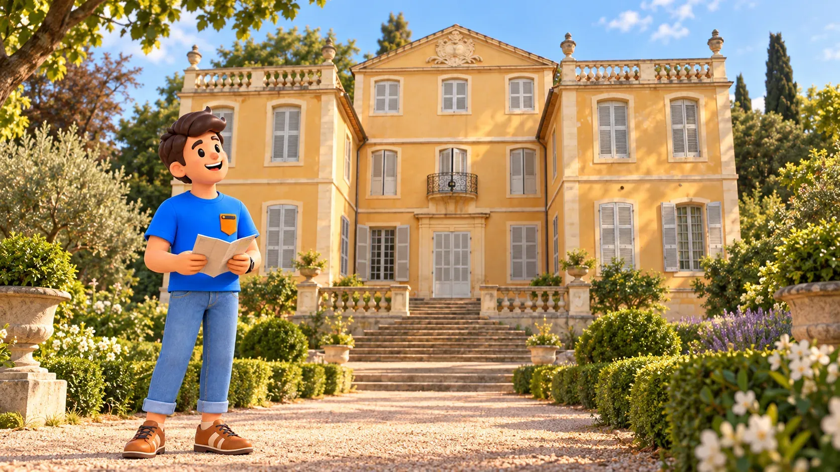 Illustrated traveller with a leaflet considering the photo-inspired facade of La Magalone bastide