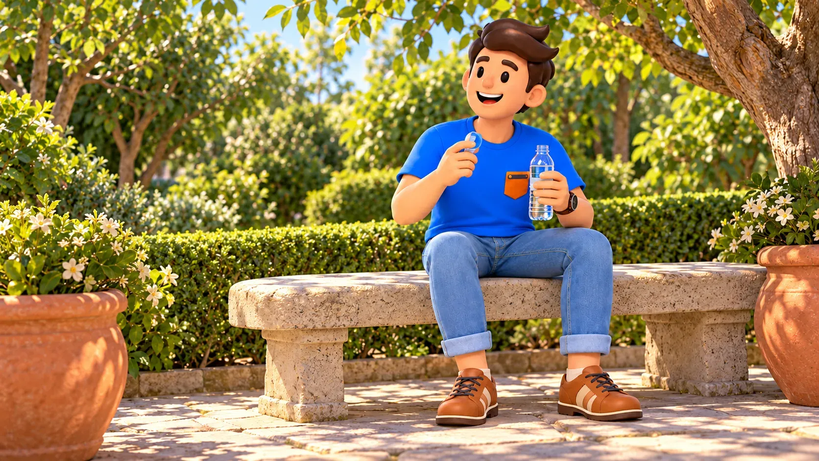 Illustrated traveller resting with a water bottle in a fictional enclosed green garden